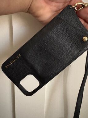 Bandolier Black Pebbled Leather Crossbody Phone Case with Gold Accents